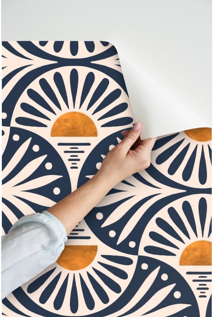 Spoonflower Peel & Stick Wallpaper Swatch - Art Deco Boho Sunset Leaves Gold Geometric Navy Sun Custom Removable Wallpaper