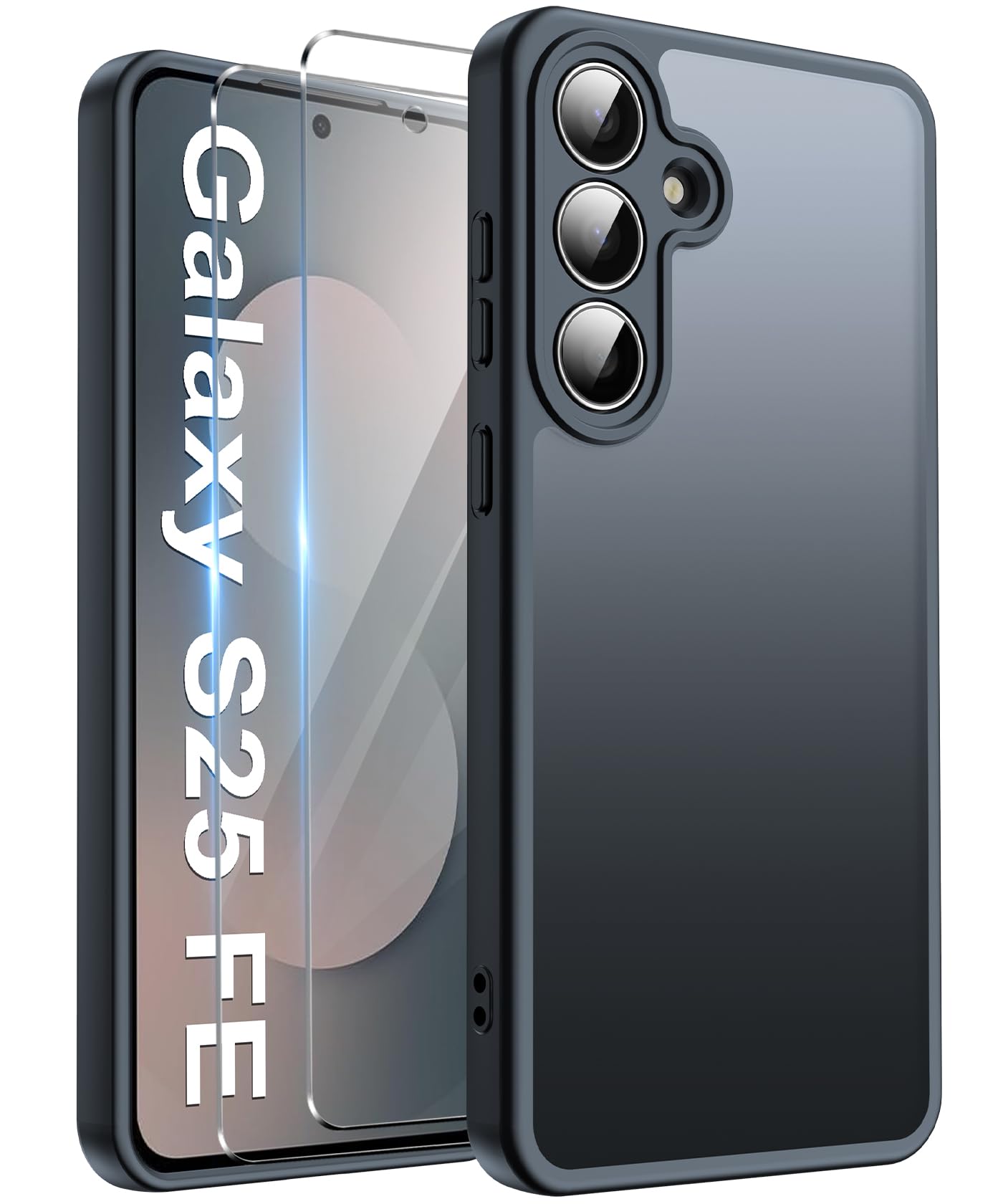FLLAO Opaca Cover Compatibile con Samsung Galaxy S25 FE 5G con 2 Vetro Temperato, [Della Fotocamera Protezione] Anticaduta Antiurto Anti-Graffio Anti-Impronte Hard PC Glassata Custodia Nero