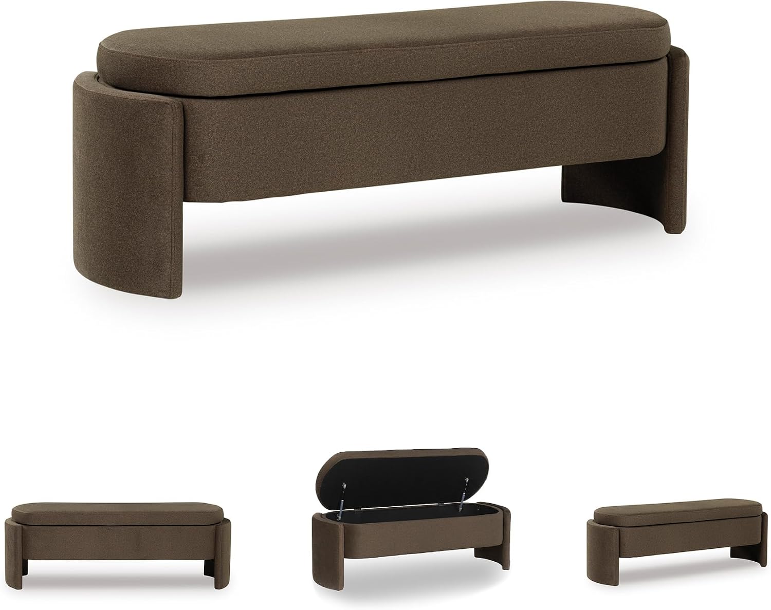 Signature Design by Ashley Vavuniya Entryway Storage Bench, Brown | 100% polyester heathered fabric, Wood and engineered wood frame, Capsule shape, Hinged seat, Entryway or bedroom use