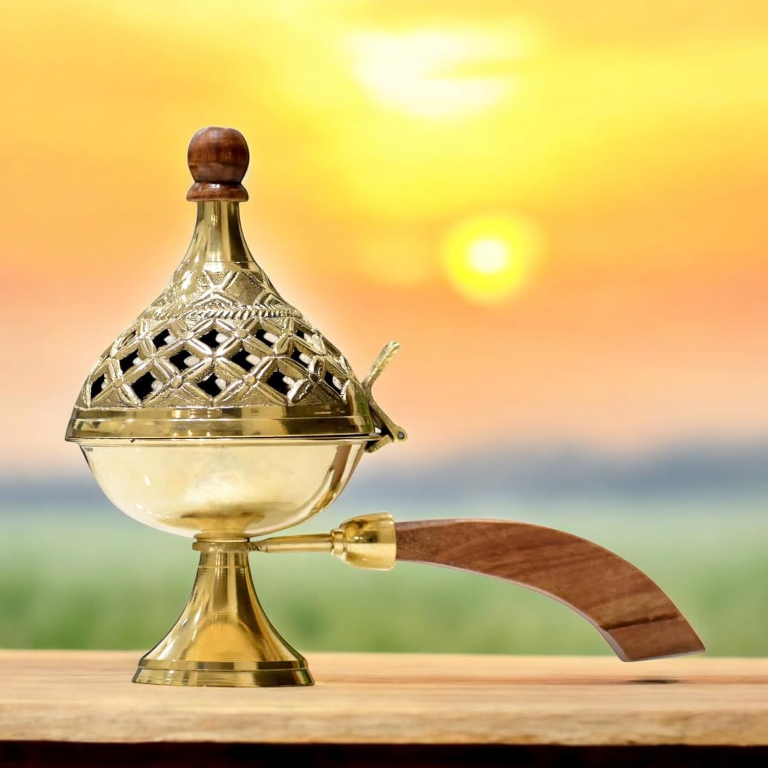 Pure Brass Dhoop Dani with Wooden Handle | Traditional Loban Burner for Pooja, Havan & Home Temple | for Spiritual Rituals (20 * 15 * 8 cm)-image-45