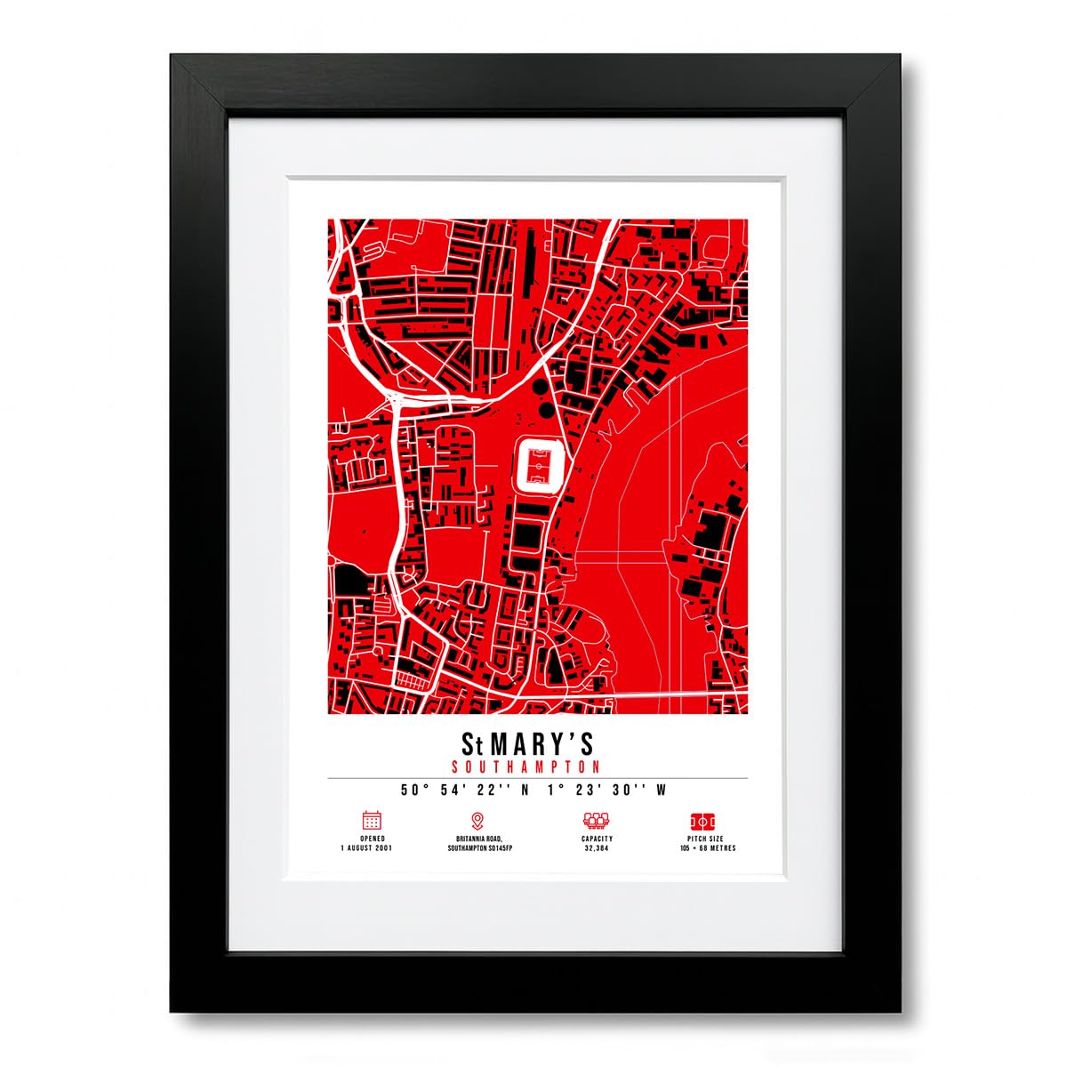 Mounted Gifts Trading A4 Black Framed & Mounted St mary’s Stadium Map Minimalist A4/A3 Poster Photo Print Framed Gift Southampton (A4 Black Framed & Mounted)