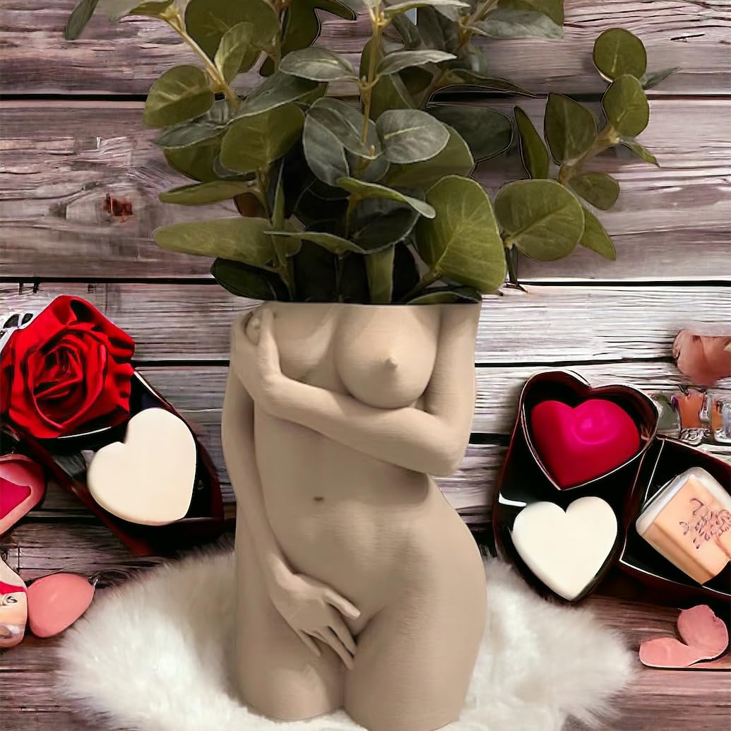 Female Body Planter, Shy Woman Plant Pot, Body Vase, Plant Lover Gift with Drainage Hole and drip Tray (Sand Beige Color)