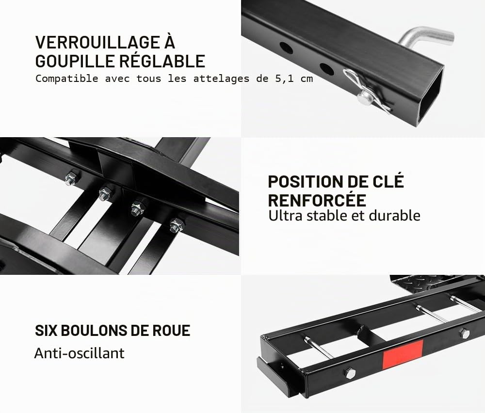 Support pour moto pour crochet de remorquage de voiture, capacité 227 kg, hauteur réglable et arrêt roue avec rampe, solution de transport sécurisée