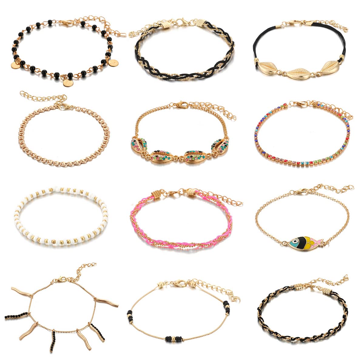 HEIMAXING12 Pcs Gold Ankle Bracelets for Women Teen Girls Summer Beach Boho Stackable Bead String Bracelets Aesthetic Pack Cute Anklet Bracelet Jewelry Set