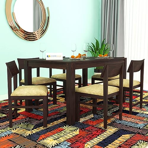Image of RECTART Sheesham Solid Wood Six Seater Dining Table with Six Chairs with Beige Cushion for Dining Room & Restaurant | Finish - Warm Chestnut
