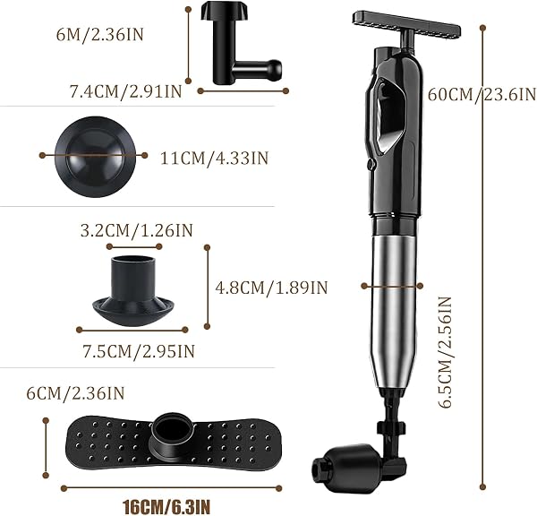 FELIXIZ Sturalavandini a pressione con manometro, 4 ugelli, per le famiglie, WC, lavandino, doccia, cucina, senza prodotti chimici, senza idraulico, Nero - 2