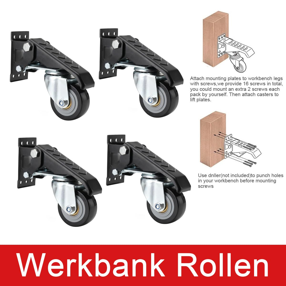 Schwerlastrollen 65mm, 4Stück Lenkrollen für Werkstatt & Möbel & Outdoor | Tragkraft bis 200kg, leise & langlebig, Möbelrollen Transportrollen Schwerlast mit Bremse, Rollen Schwerlast