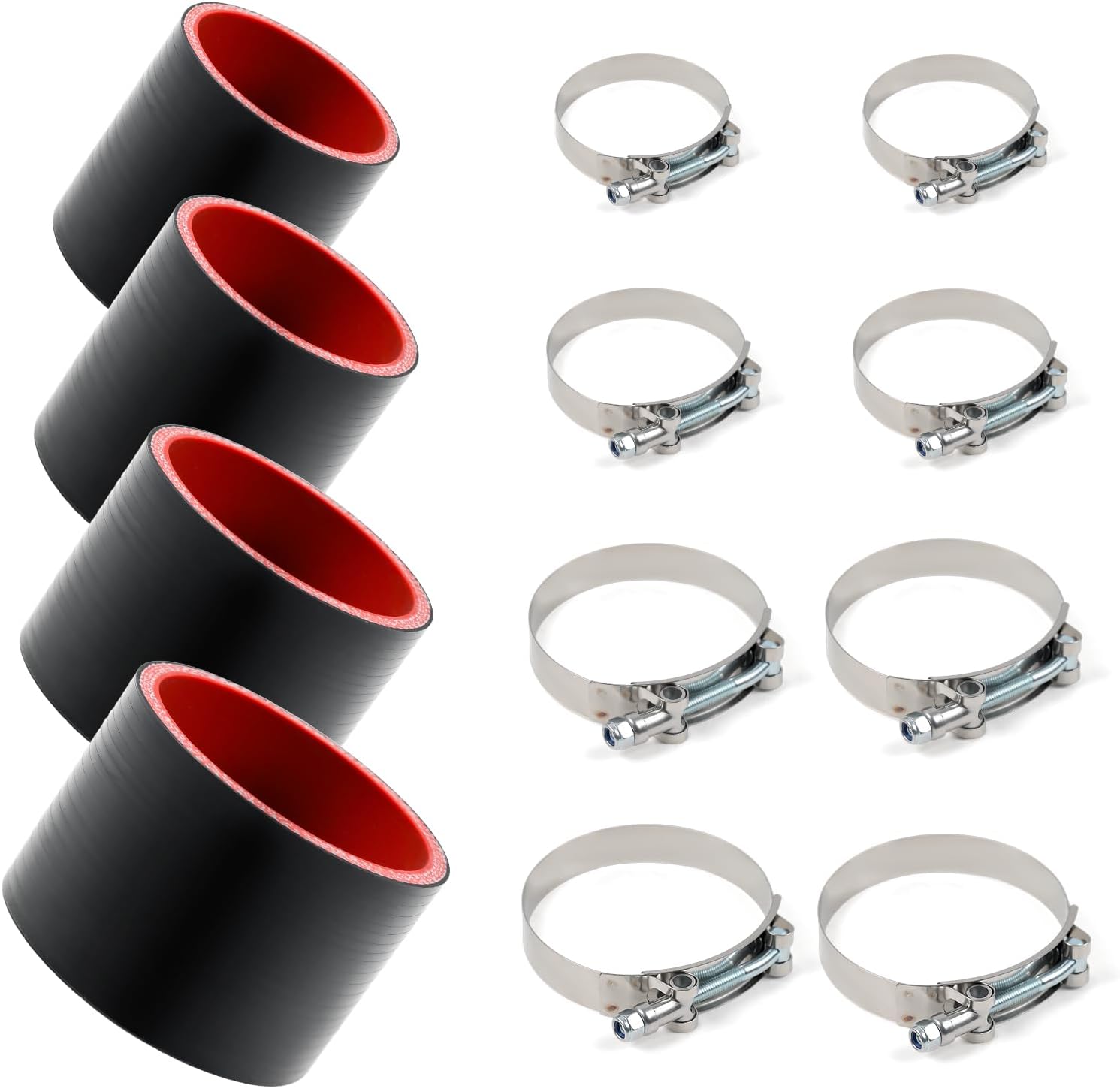 Straight Silicone Hose Coupler, 2.5" 3" 4" ID, 4-Ply Reinforced, High Temperature, with 6 T-Bolt Clamps, for Intake, Turbo, Intercooler