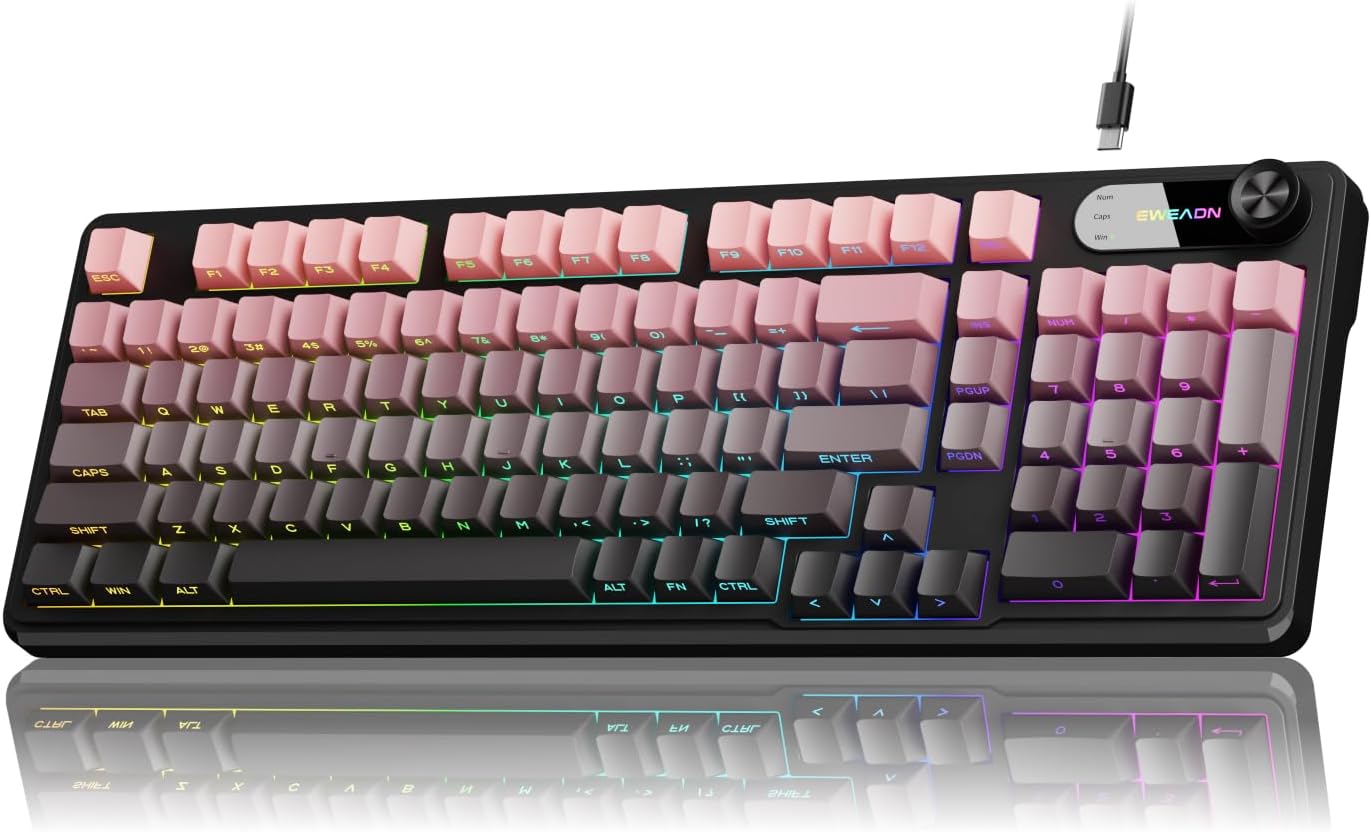 V102 Wired Keyboard, 98 Keys Creamy Gaming Keyboard with Number Pad, Display Screen & Media Knob RGB Silent Wired Cute Computer Keyboard for Laptop PC Gamer-Black Pink