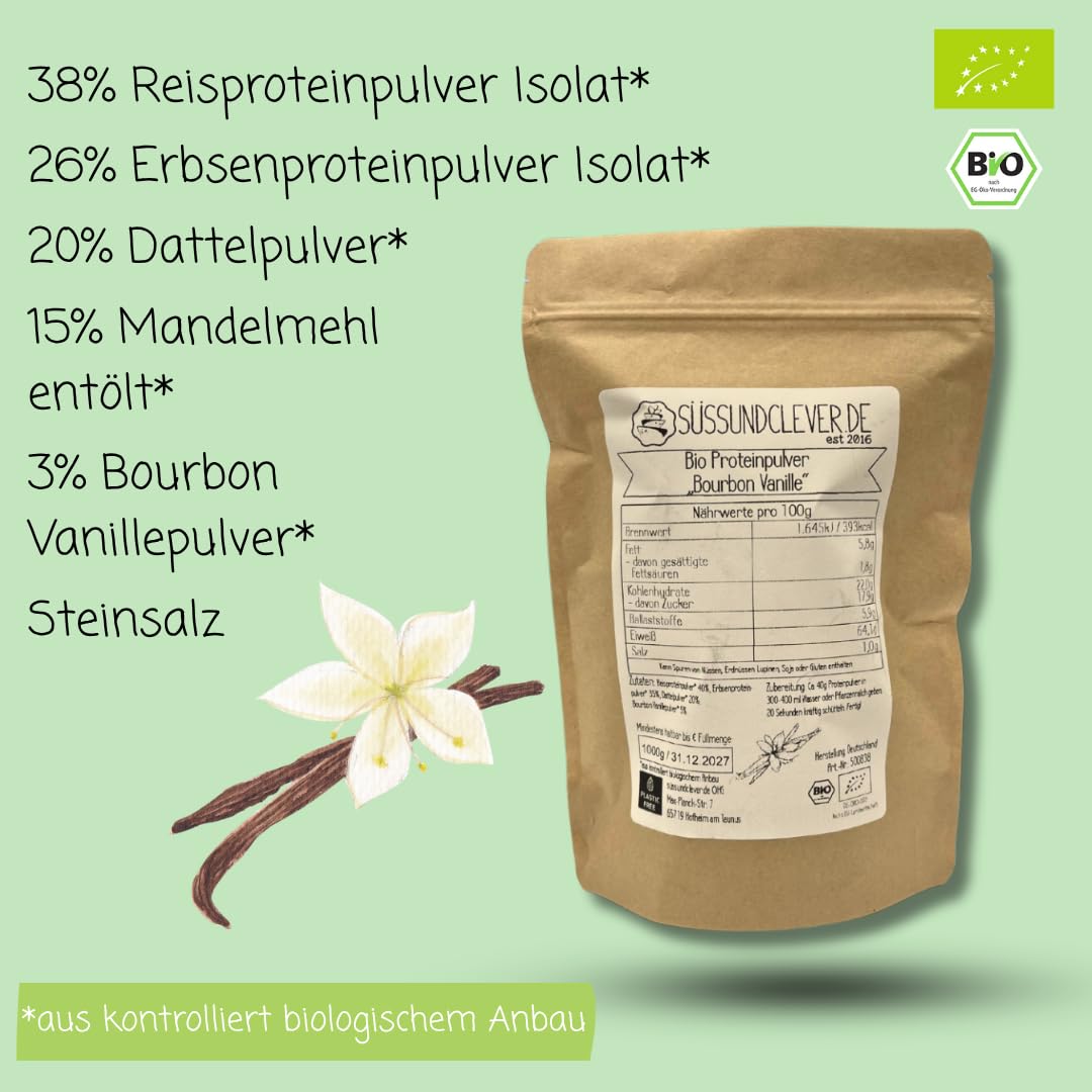 süssundclever.de® Bio Proteinpulver "Bourbon Vanille" | 500g | vegan | 62% Protein | mit Dattelsüße und Bourbon Vanille | mit Reisprotein, Mandelprotein & Erbsenprotein | ohne Zuckerzusatz