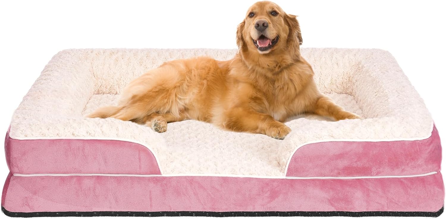 Orthopedic Dog Bed for Large Medium Sized, Washable Memory Foam Large Dog Bed, Durable Medium Pet Sofa with Removable Cover, Washable Waterproof Pet Couch Beds(Pink, XXL)