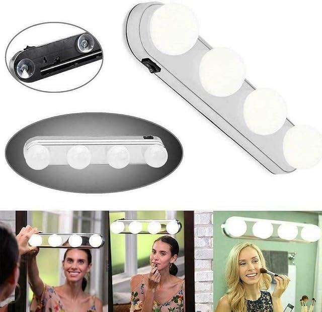 Trading Innovation Hollywood Style Mirror Light with 4 LED Bulbs | Cordless Self Adhesive Portable DIY Vanity Makeup Lamp | Makeup Light for Bathroom Vanity Dressing Table Salons (White, 33x6x6.5cm)