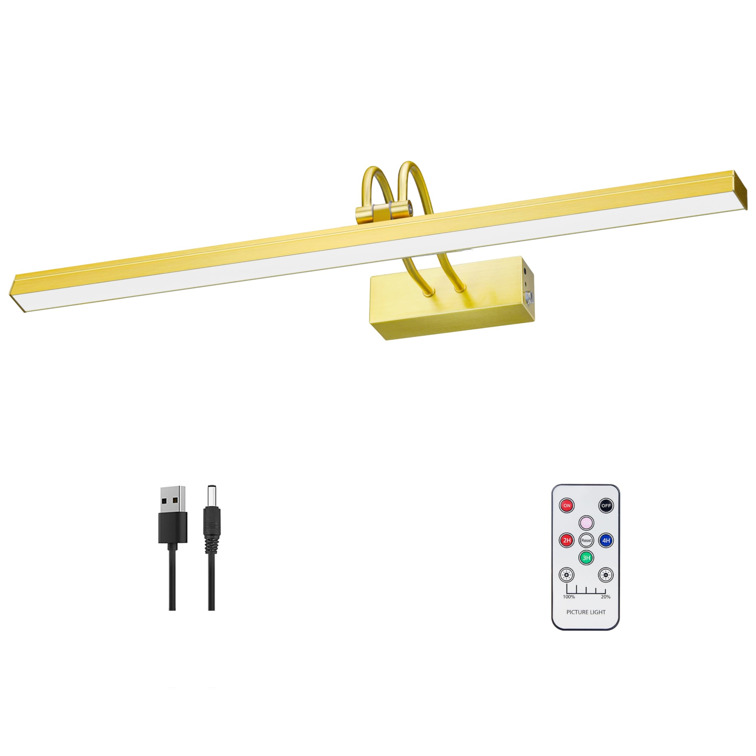 LEEQVHOOLL Rechargeable Picture Light Battery Operated, Remote Wireless Picture Lights for Paintings, 60pcs LED Gallery Painting Lights, Dimmable Timer Wall Art Light, 20inch (Brass)