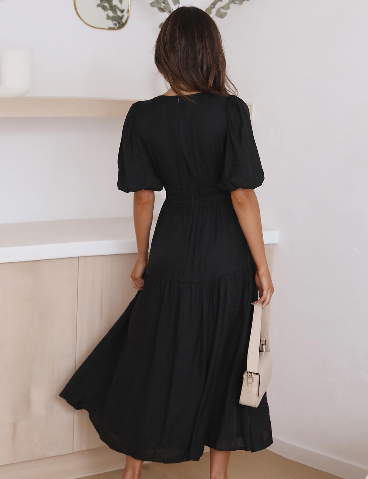 MessBebe Kleid Damen Elegant V-Ausschnitt Sommerkleid Kurze Puffärmel Wickelkleid Einfarbig Maxikleid Hohe Taille Partykleid Lässig Sommer Freizeitk