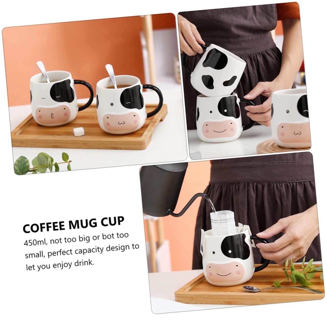 Keramik Kaffeebecher 450ml mit Deckel und Löffel Milch und Teetasse für Kinder Stilvoller Porzellanbecher mit Niedlichem Kuh Design