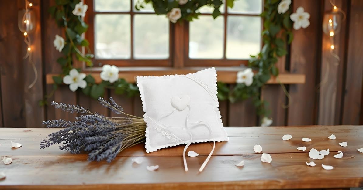 Miss Lovely You ME Ringkussen, voor bruiloft & burgerlijke stand, met kant, voor trouwringen in linnen-look met satijnen strik, bruiloftsdecoratie, accessoires en accessoires (hart, natuur en crème