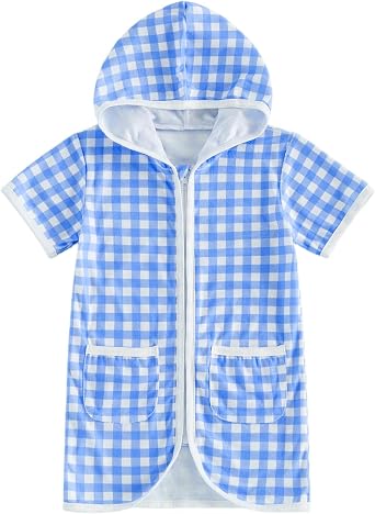 Girls Boys Hooded Terry Coverups One Piece Swimsuits Summer Striped Trim Zip Up Short Sleeve Swim Cover Up Beachwear