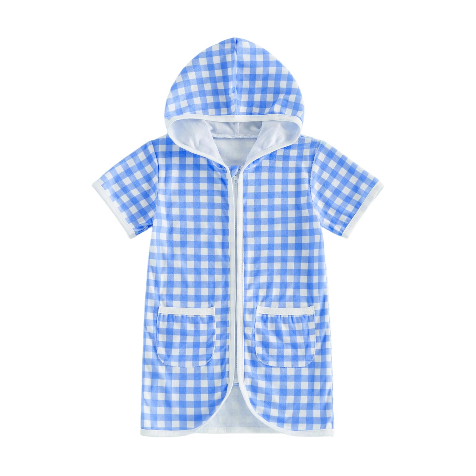 Girls Boys Hooded Terry Coverups One Piece Swimsuits Summer Striped Trim Zip Up Short Sleeve Swim Cover Up Beachwear