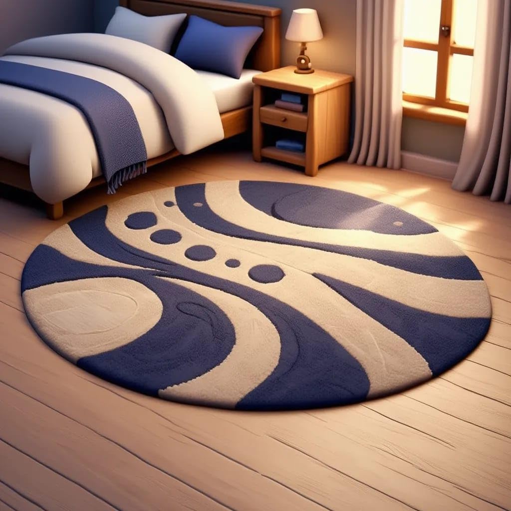 modern abstract round area rug – soft carpet for living room, bedroom, dining & kitchen | anti-skid, easy care, 3x3 feet (blue and beige swirl design)