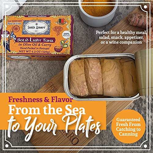 Image of Santo Amaro - Artisanal Wild Tuna Fillets in Olive Oil & Turmeric Curry, Pole & Line Caught from Portugal, Hand-Packed Goa-Style Natural Canned Tuna, 22g Protein, Keto, 124 Cal, Low Mercury, Pack of 6