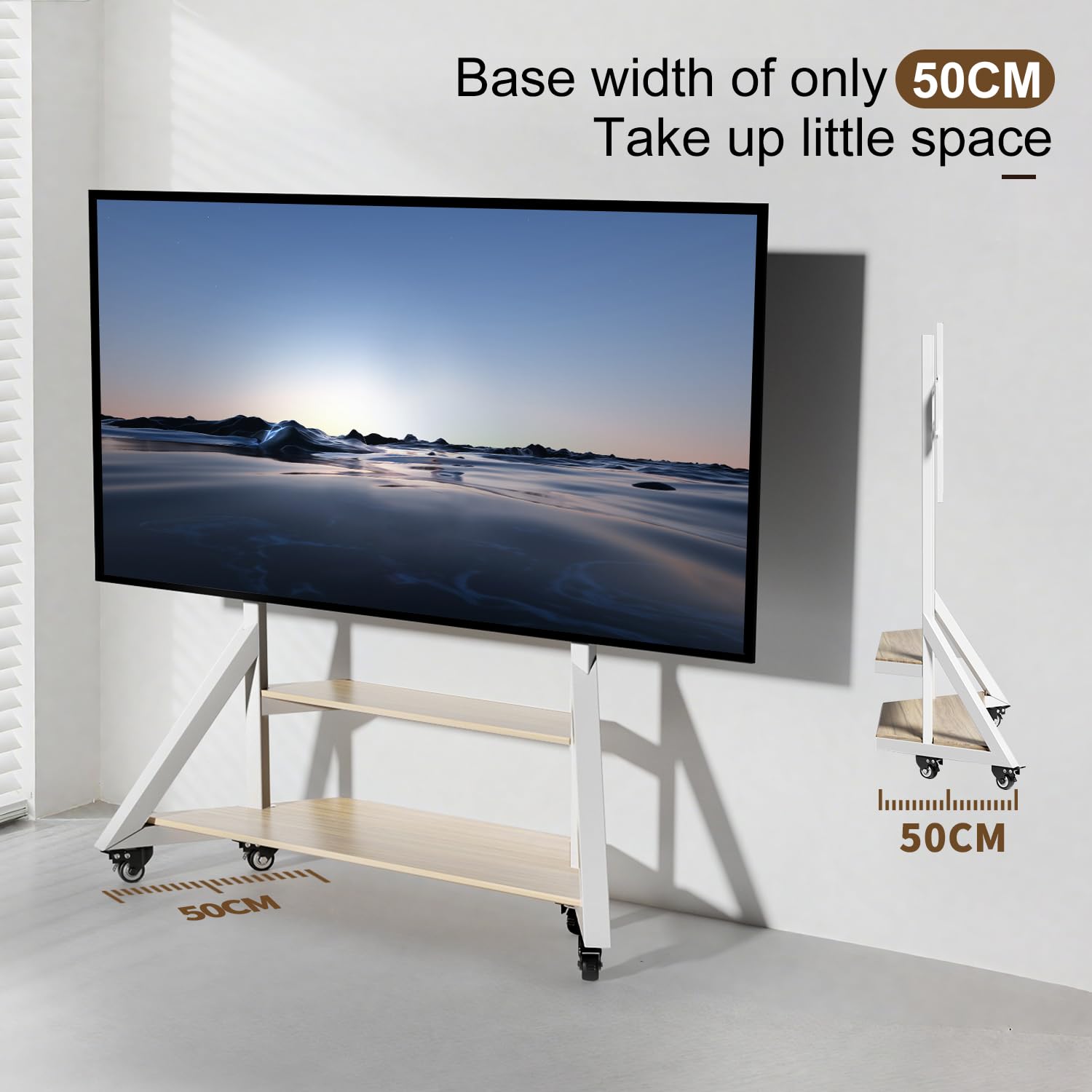 UNHO Supporto TV da Pavimento con Ruote Bianco: Supporto TV Mobile con Rotelle per 65-100 Pollici, Peso Max 100kg Base Solida per Schermi Giganti, Max VESA 800x600mm, Regolabile in Altezza