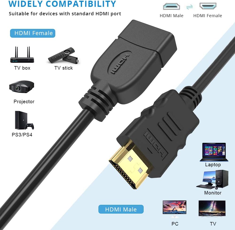 ELECTOP HDMI Extension Cable 2 Pack Support 4K & 3D 1080P High Speed HDMI Male to Female Extender Adapter Converter for Google Chrome Cast,Roku Stick,TV Stick,HDTV,PS3/4,Xbox360,Laptop and PC