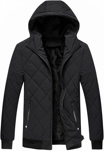 DGHM-JLMY Men Plush Thick Diamond Jacket Hood Sherpa Lined Multi-Zip Quilted Jacket Detachable Hood Fleece Lined Quilted Coat