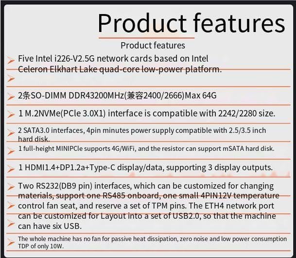 Fanless Mini PC with 5 * I226-V 2.5G LANs,Celeron J6413,NO RAM(DDR4) NO SSD(M.2 NVMe),Mini Desktop Computer Support Home Industry Business,4K HD/DP/Type-C Display,2*USB3.0,2*SATA3.0,2 RS232 COM