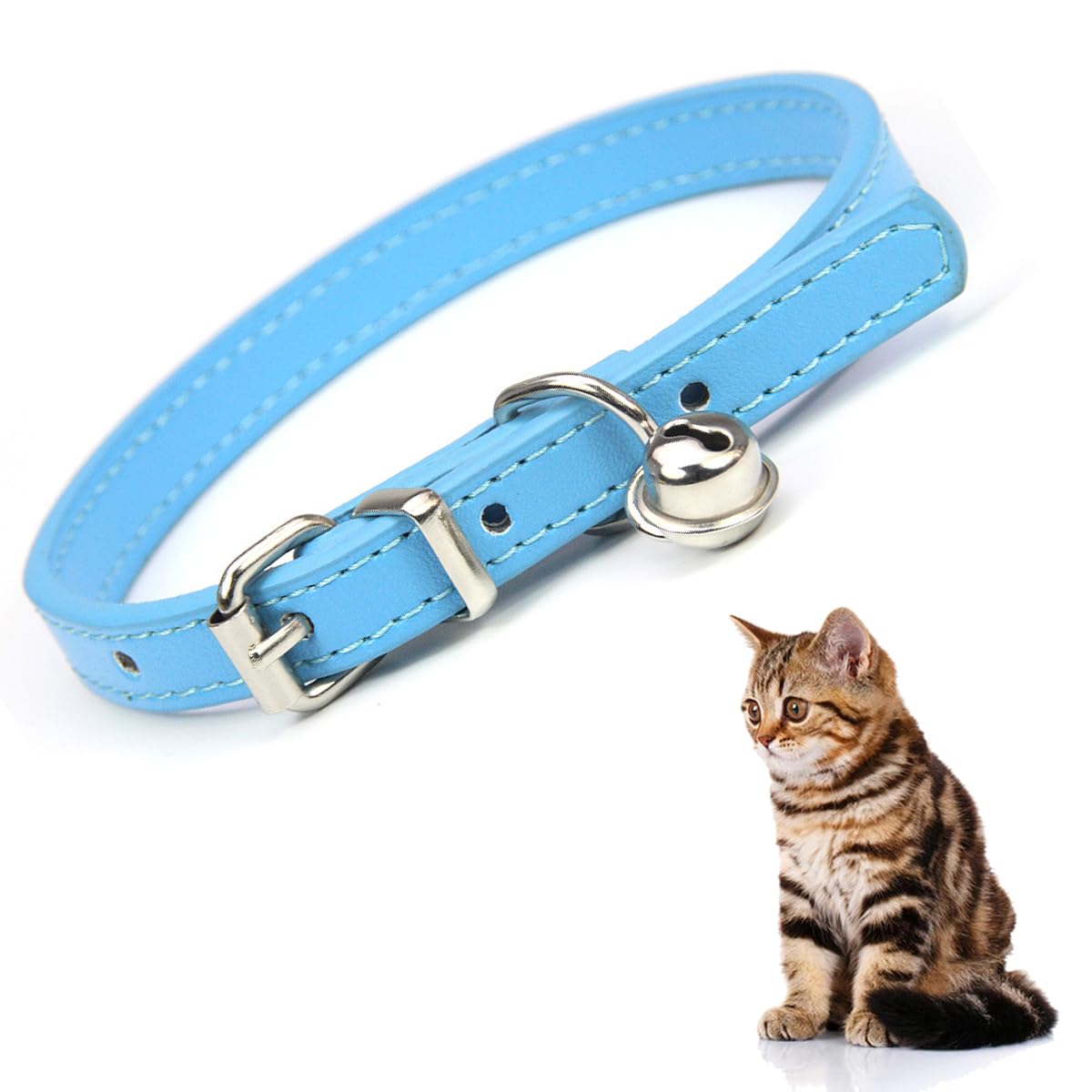 Duomama Light Blue Leather Cat Collar with Bell - Adjustable Kitten Collar for Safety and Style, Fits Small to Big Cats (8"-11" Neck)