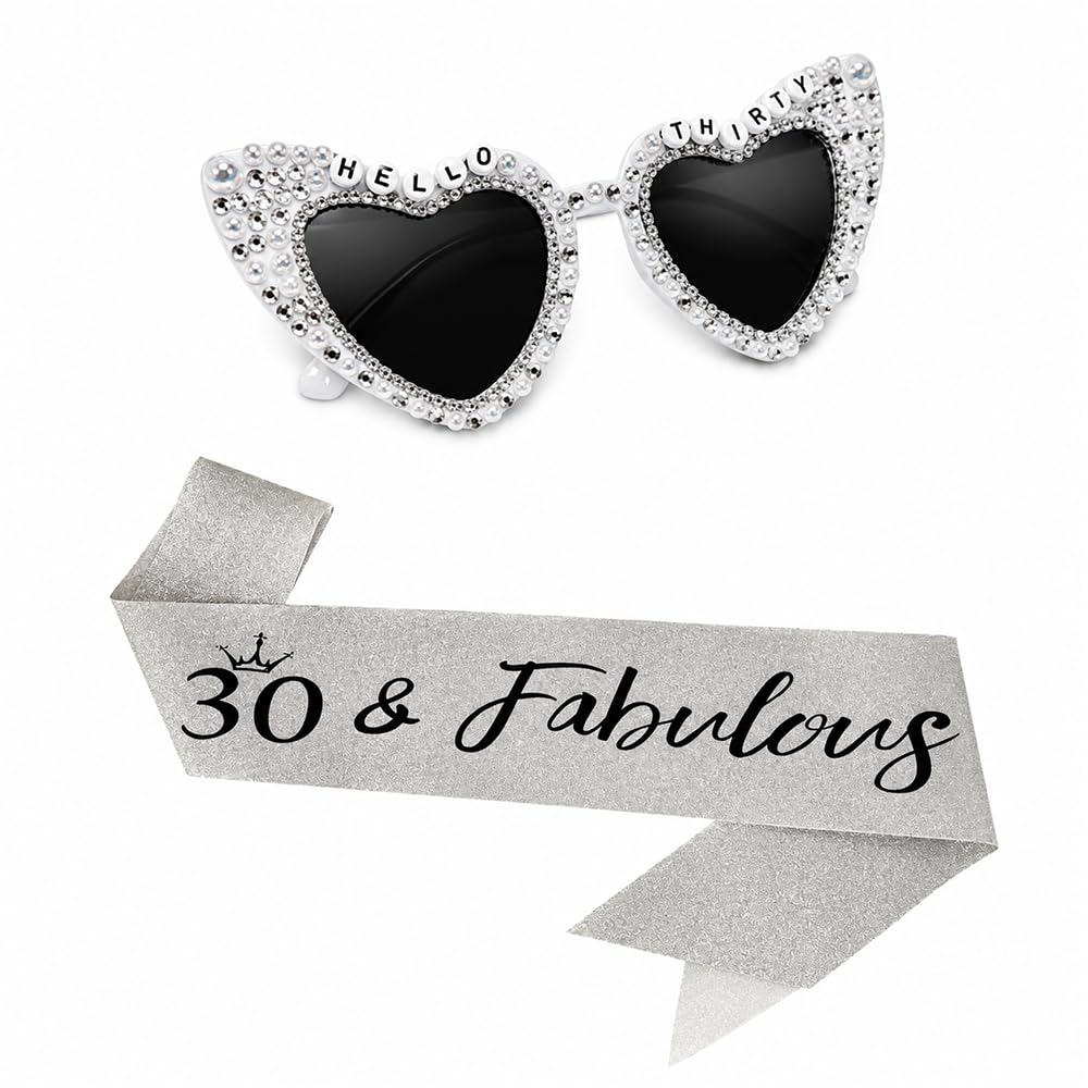 Thrynexon Heart Sunglasses and Sash Set for 30th Birthday Party Celebration