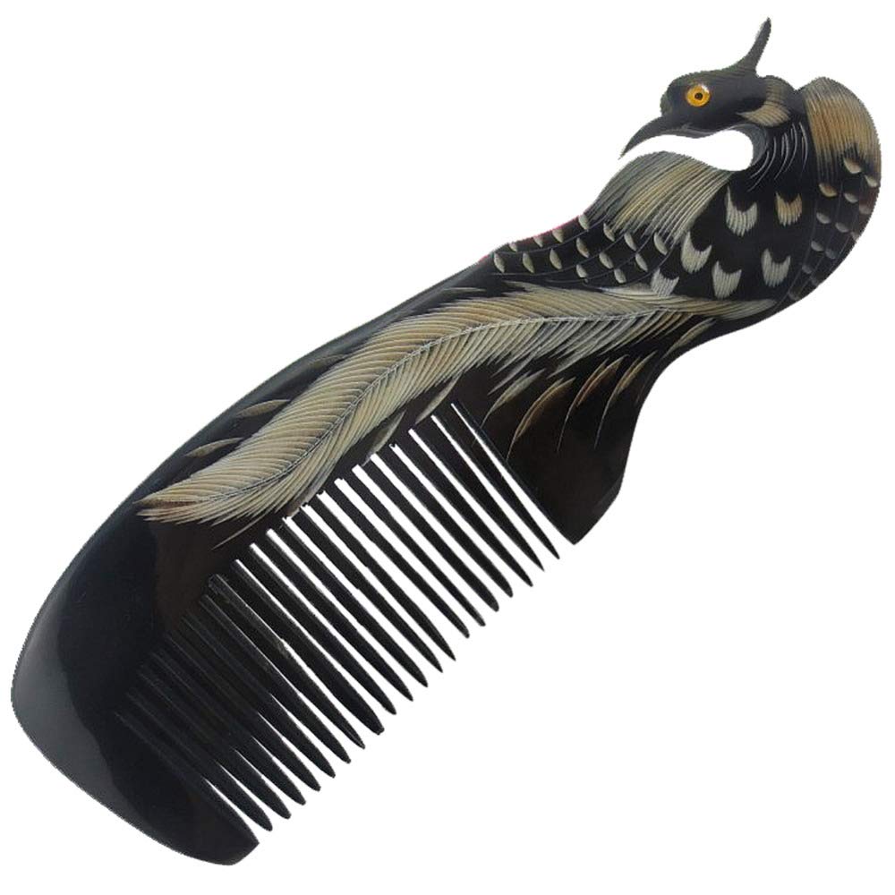 Natural Black buffalo Ox Horn Comb-100% Handmade Engraving Anti-Static Detangling Hair Massage Horn Comb,7 Inches(Phoenix)