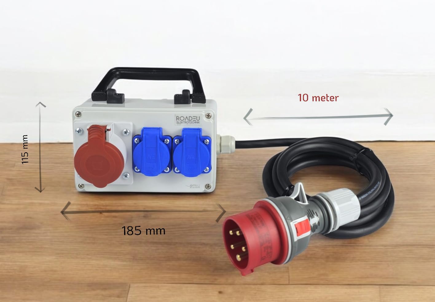RoadEu - CEE Steckdose 16A und 2x Schuko Verteiler - Steckdosenverteiler - Stromverteiler 16A, Mobilverteiler - Stromkabel 10 meter - Baustromverteiler mit CEE Stecker 16A