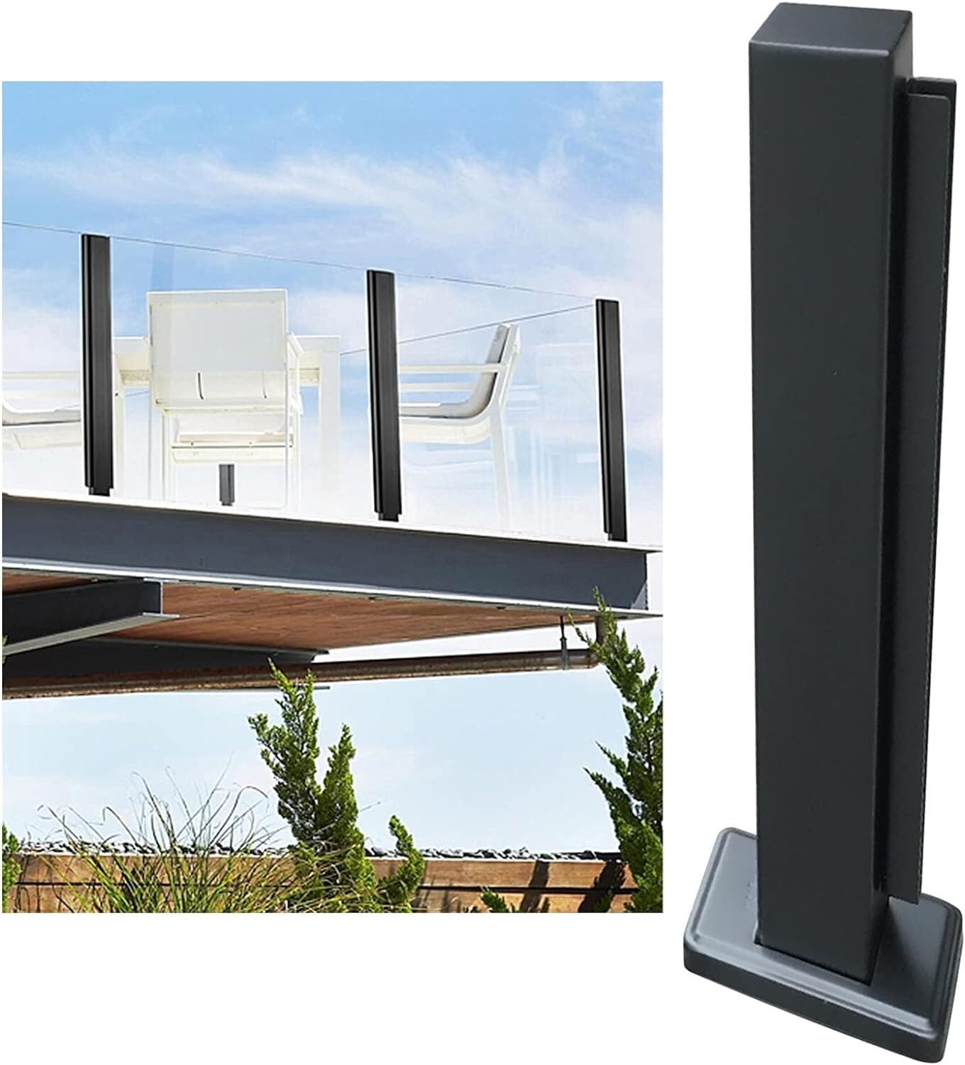Abrazadera de paneles de vidrio en poste negro para balaustrada de balcón exterior resistente