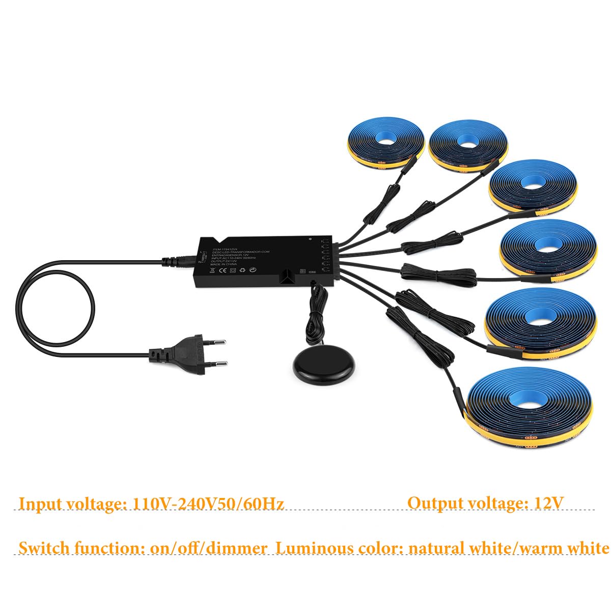 Oświetlenie szafek Taśma LED COB 6 w 1 z funkcją ściemniania Penetrująca taśma LED z dotykowym przełącznikiem 1 m Ciepła biel 12 V Panele akustyczne LED z przełącznikiem ręcznym,6er,3M