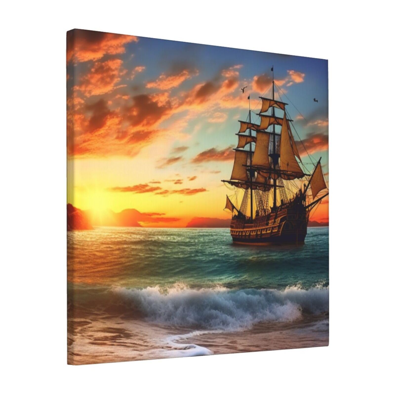 pirate ship in the sunset Canvas Wall Art for Living Room Wall Decor 12"x12" Modern Artwork Painting Pictures Hanging Canvas Prints Aesthetic Wall Art for Bedroom Bathroom Office Wallart Decor