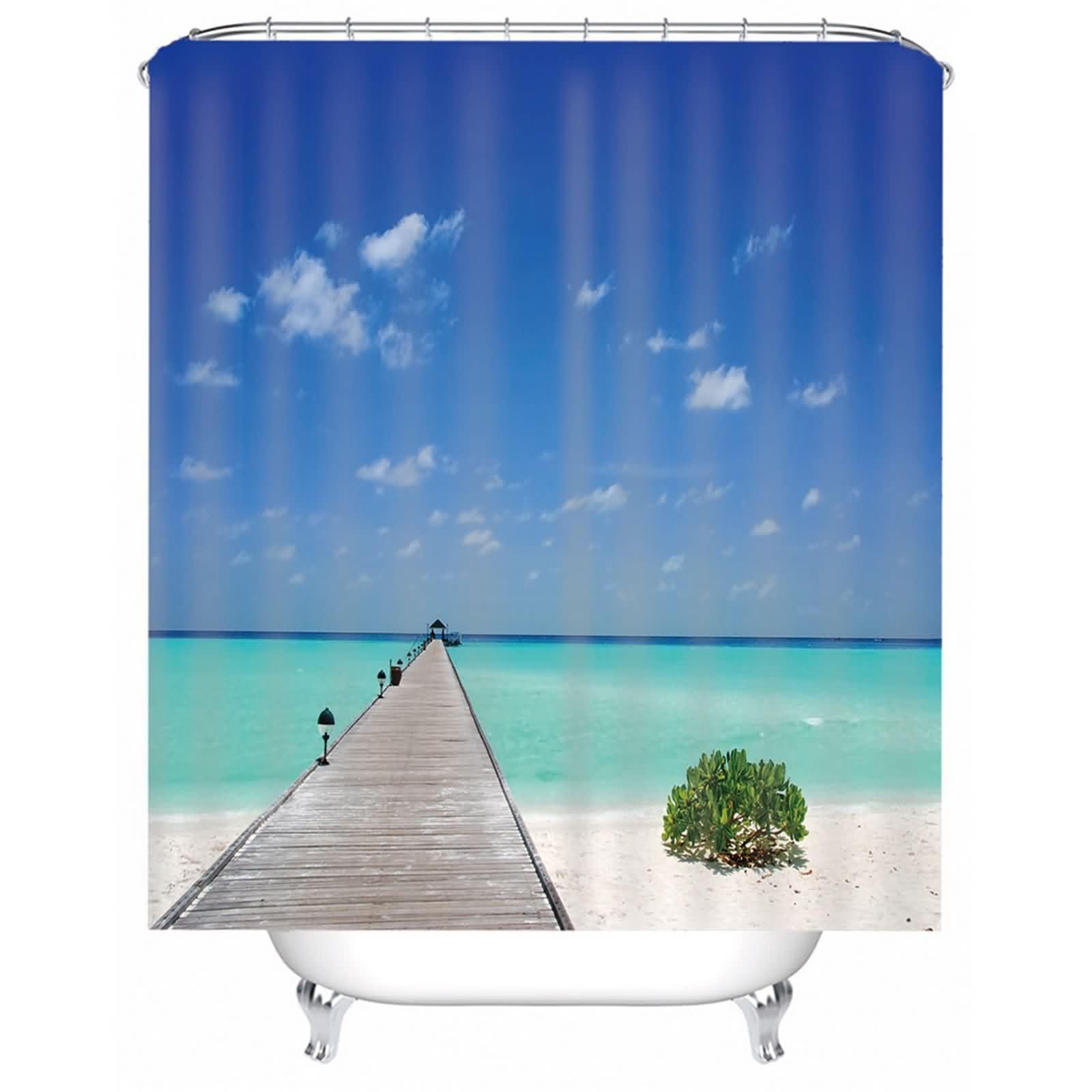 Rideau de douche en tissu bleu lavable polyester motif planche de mer avec anneaux