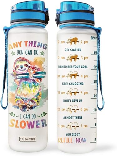 64HYDRO PYL2004008 Botella de agua motivacional de 32 onzas con marcador de tiempo, pintura colorida con perezoso Cualquier cosa que hagas puedo
