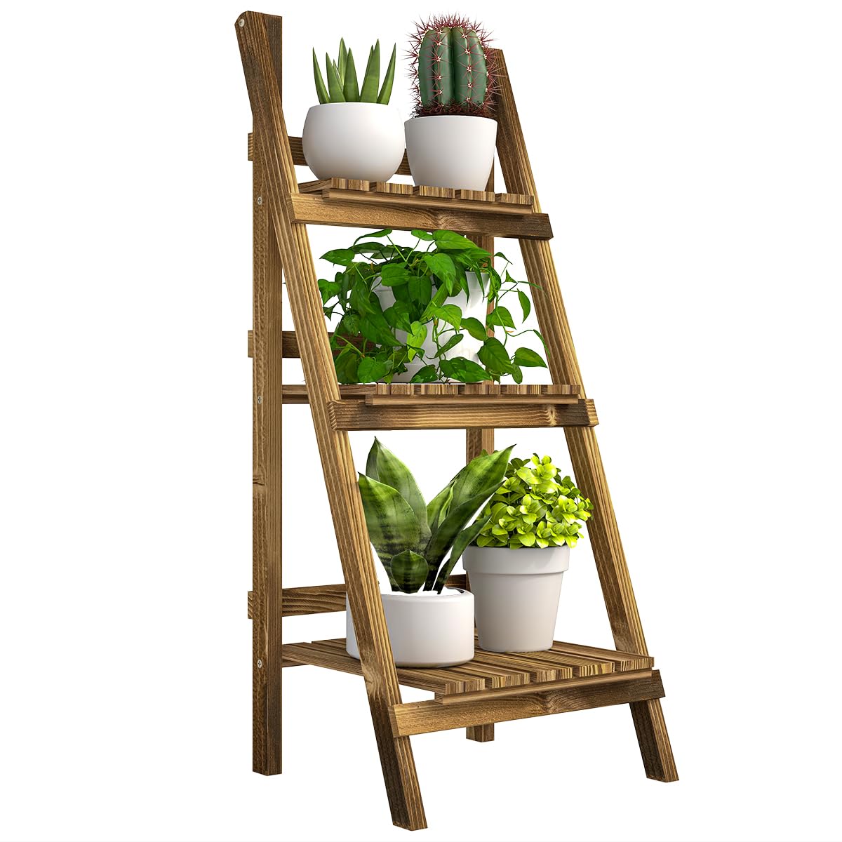 Outsunny Soporte para Plantas de Madera de 3 Niveles, Estantería para Plantas Plegable con Base de Listones, Soporte para Macetas para Interior y Exterior, Terraza, Jardín, 40x37x93 cm, Carbonizado