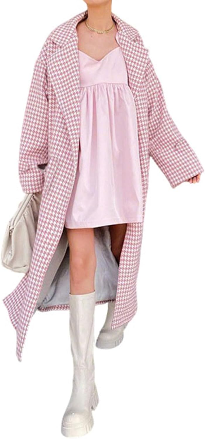 utcoco Women's Houndstooth Long Coat Notch Double Breasted Belted Trench Coat Fall Winter Overcoat