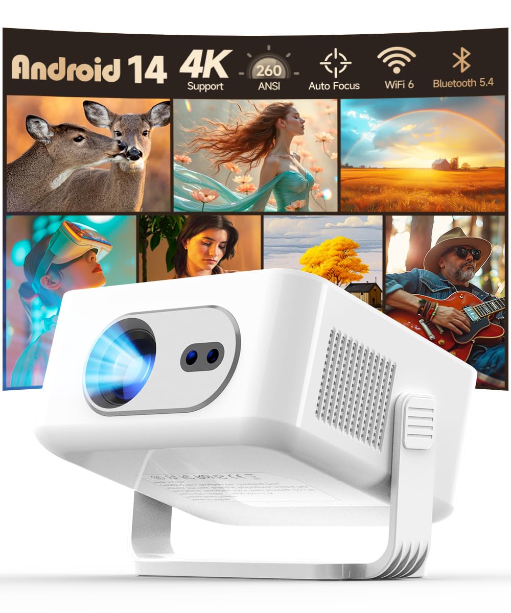 Magcubic Proiettore Android 14, HY300max Mini proiettore 4K & 8K con dual band WiFi 6 BT 5.4, 260 ANSI supporta autofocus e correzione trapezoidale, adatto per proiettore home theater