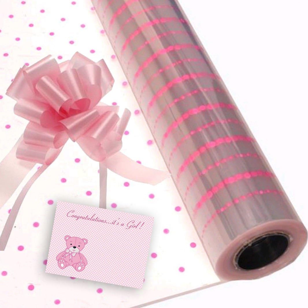 Pink Dot Baby Girl Cellophane Gift Wrap Baby Shower Free Pull Bow