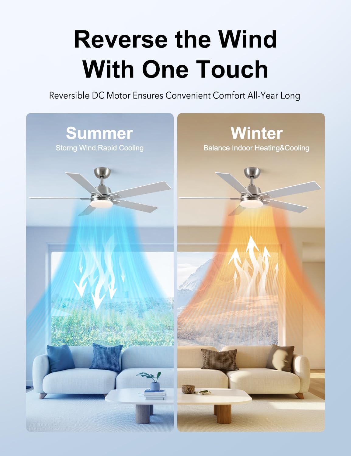 52 Inch Ceiling Fans with Lights and Remote, Brushed Nickel Ceiling Fan, 6 Speed Reversible DC Motor, 3CCT Dimmable LED, Modern Design for Bedroom, Living room & Covered Outdoor,Includes Downrod - Image 5