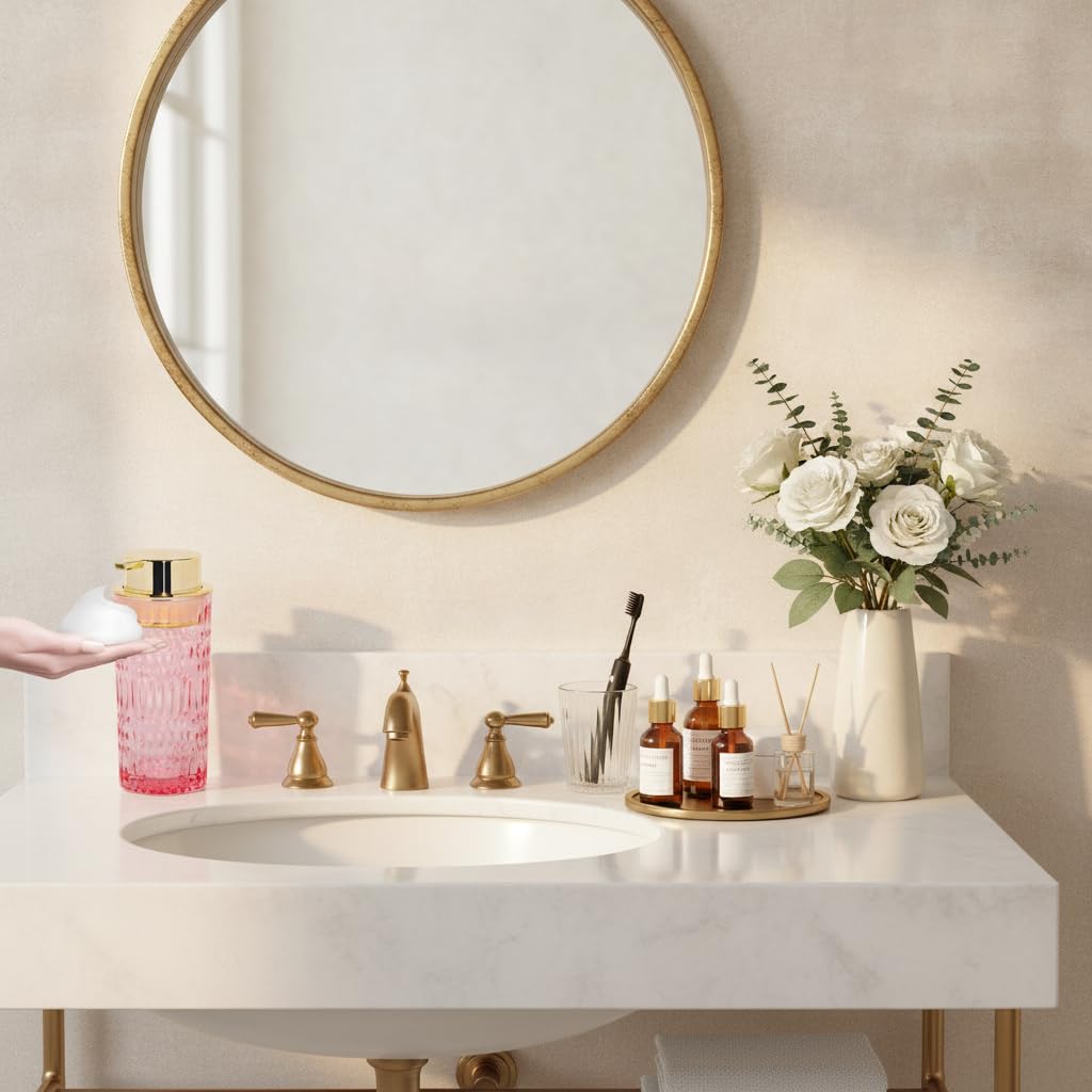 Schaumseifenspender, schäumender Handseifenspender aus Glas mit Pumpe, 400 ml, Badezimmer, nachfüllbar, Flüssiglotion, Pumpflasche, Behälter für Küche, Arbeitsplatte, Dekor (1, Roségold)