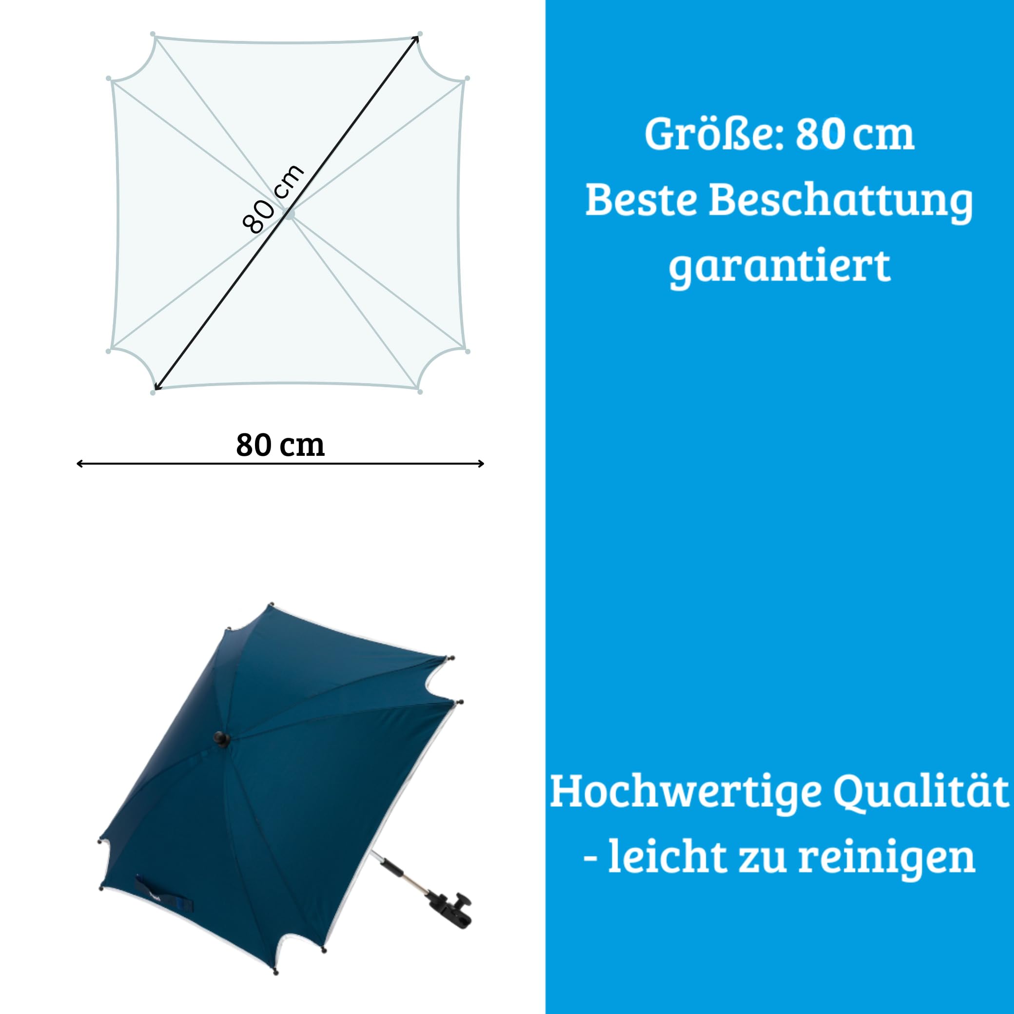 Fillikid Sonnenschirm Kinderwagen XL Exclusiv - Sonnenschutz Kinderwagen UV 50+ - Abnehmbare Halterung für Runde & Ovale Gestelle - Kinderwagen Sonnenschirm, 80 cm, Wasserabweisend
