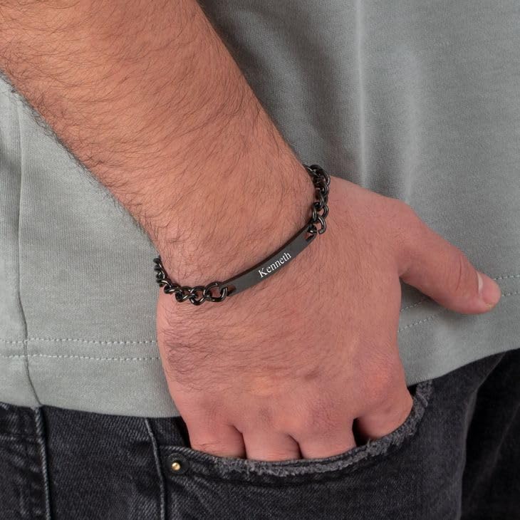Custom Nameplate Bracelet Sterling Silver Personalized Black Name ID Numeral Bracelet Jewelry Gift for Men, Stainless Steel Curban Chain