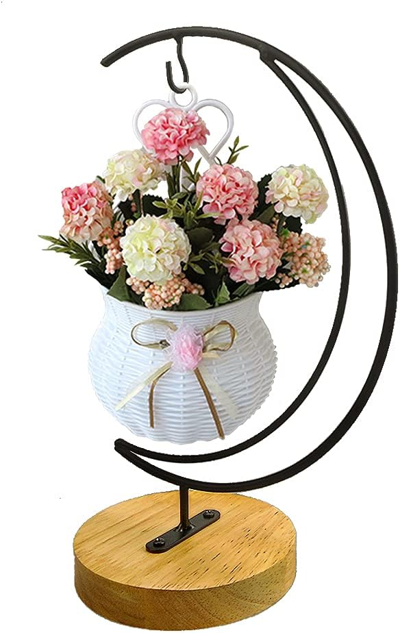 Black Iron Hanging Plant Stand with Wooden Base