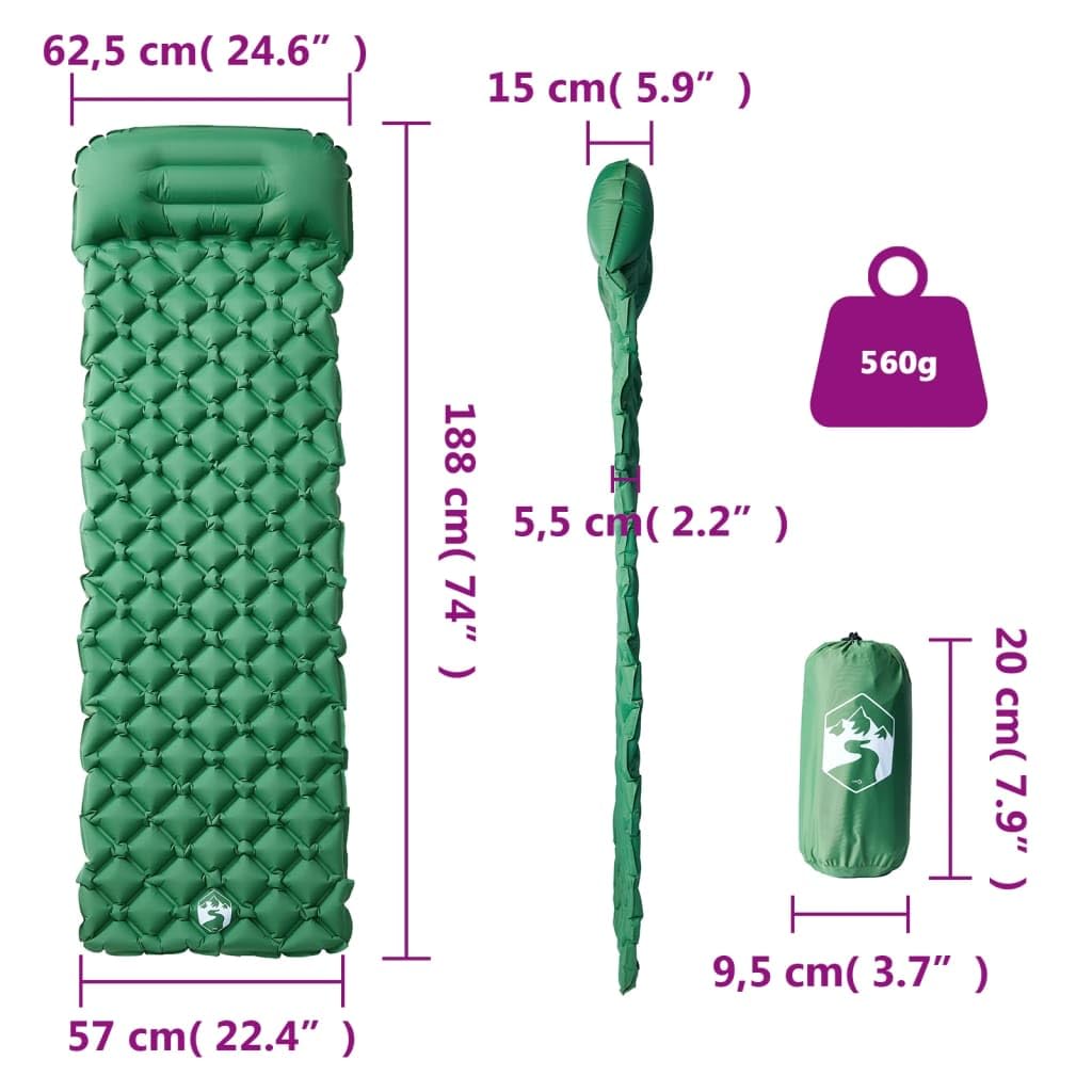 Colchoneta hinchable con cojín, autoinflable, impermeable, ultraligera de nailon 40D, 188 x 62,5 x 5,5 cm, compacta, ideal para camping, senderismo, al aire libre y viajes