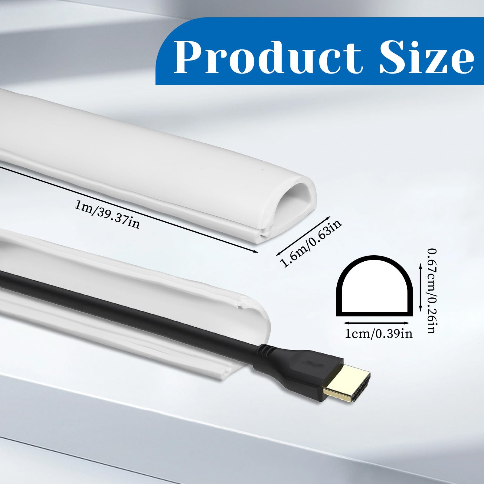 D-Line Half Round Cord Hider 39 Inch Curved Cord Hider Raceway Kit Self Adhesive Wall Cable Hiding Cords Cover One-Cord Hiding Wall Mount TV Powers Cords PVC Cable Concealer W 0.54”× H 0.39”