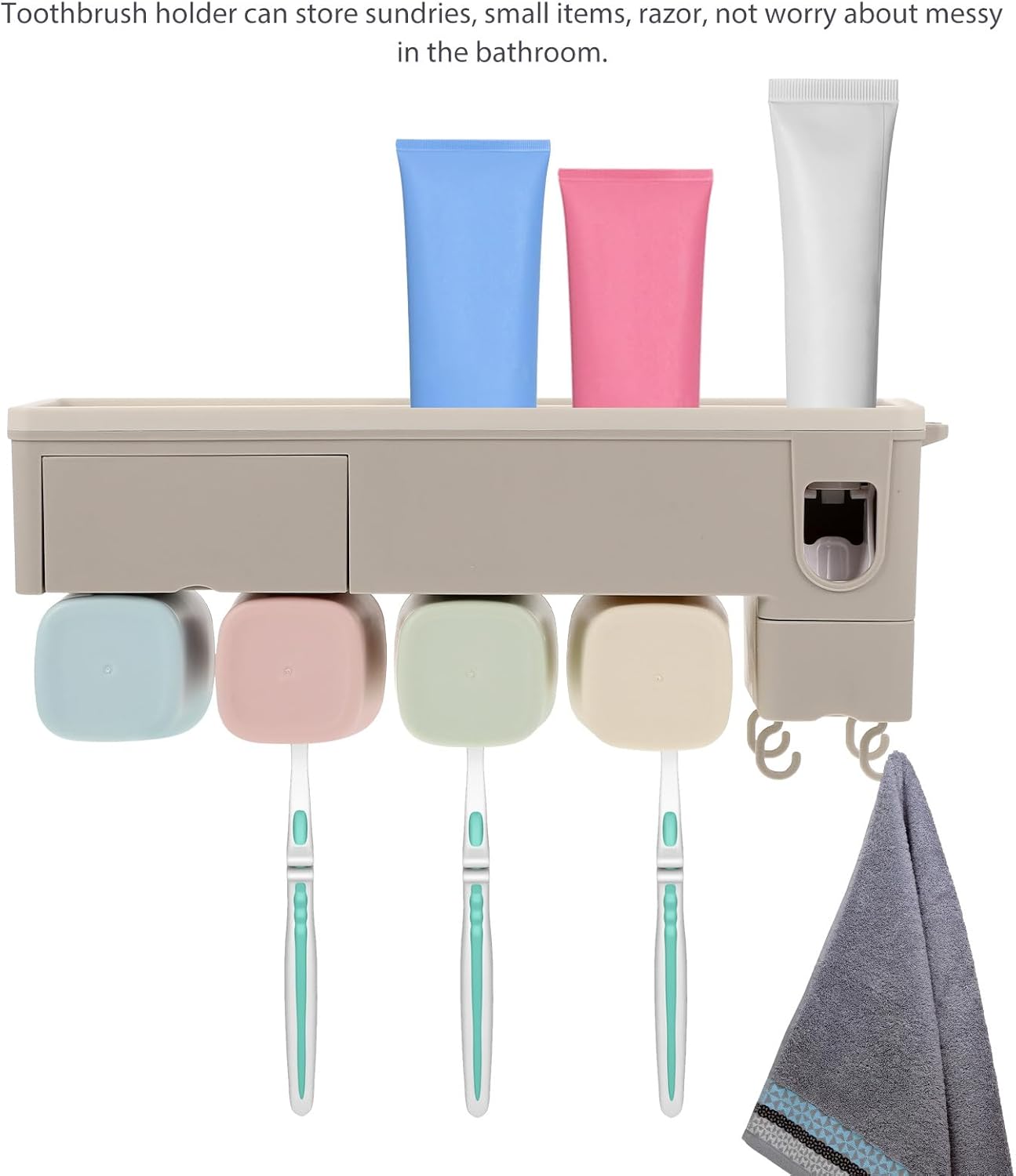 Automatic Toothpaste Dispenser Wall Toothbrush Holder Bathroom Rack Multifunctional Storage Organizer for Family of Four Easy Installation Gray
