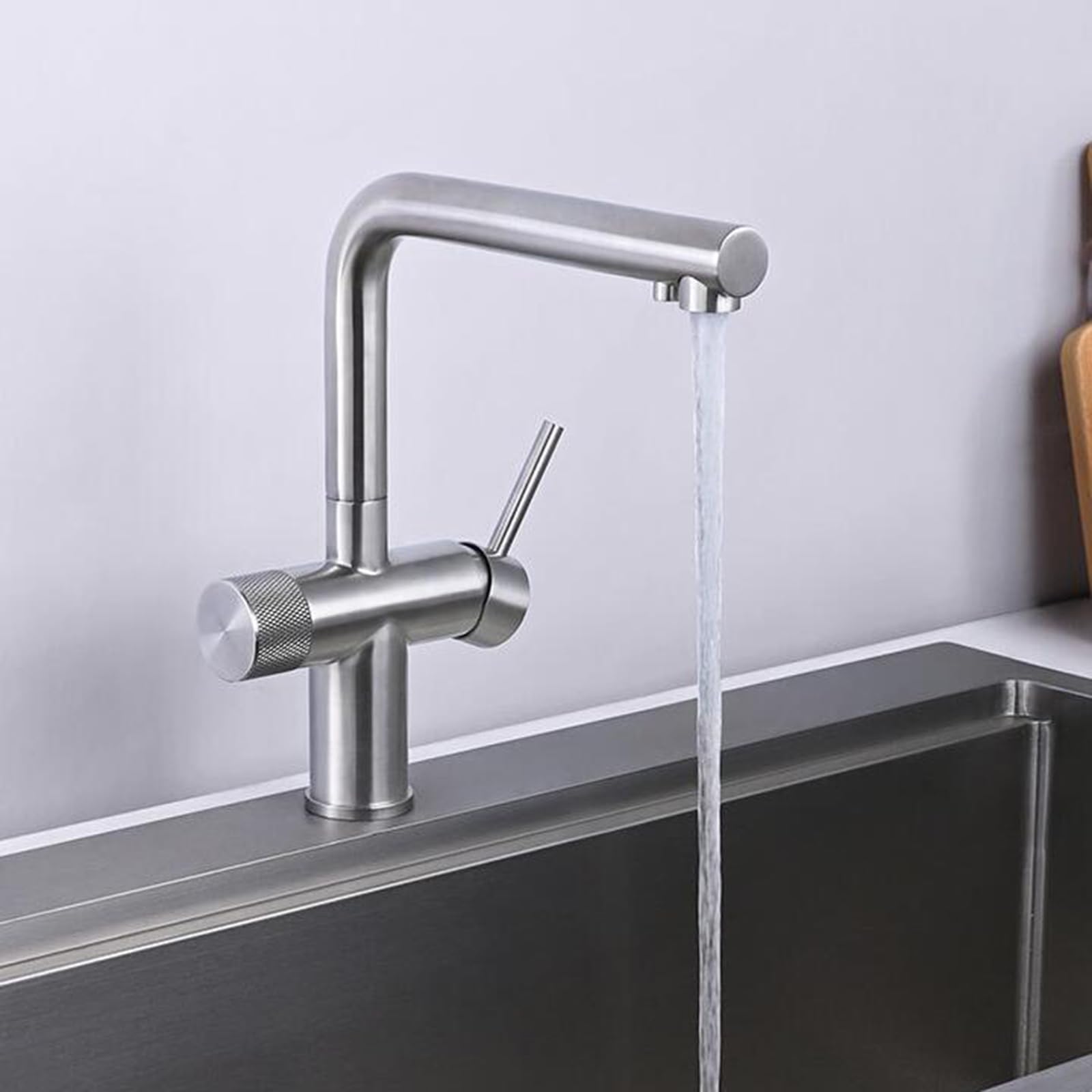 Grifo Cocina 3 Vias Osmosis Acero Inoxidable Giratorio Fría y Caliente Grifo Fregadero Cocina-Gris